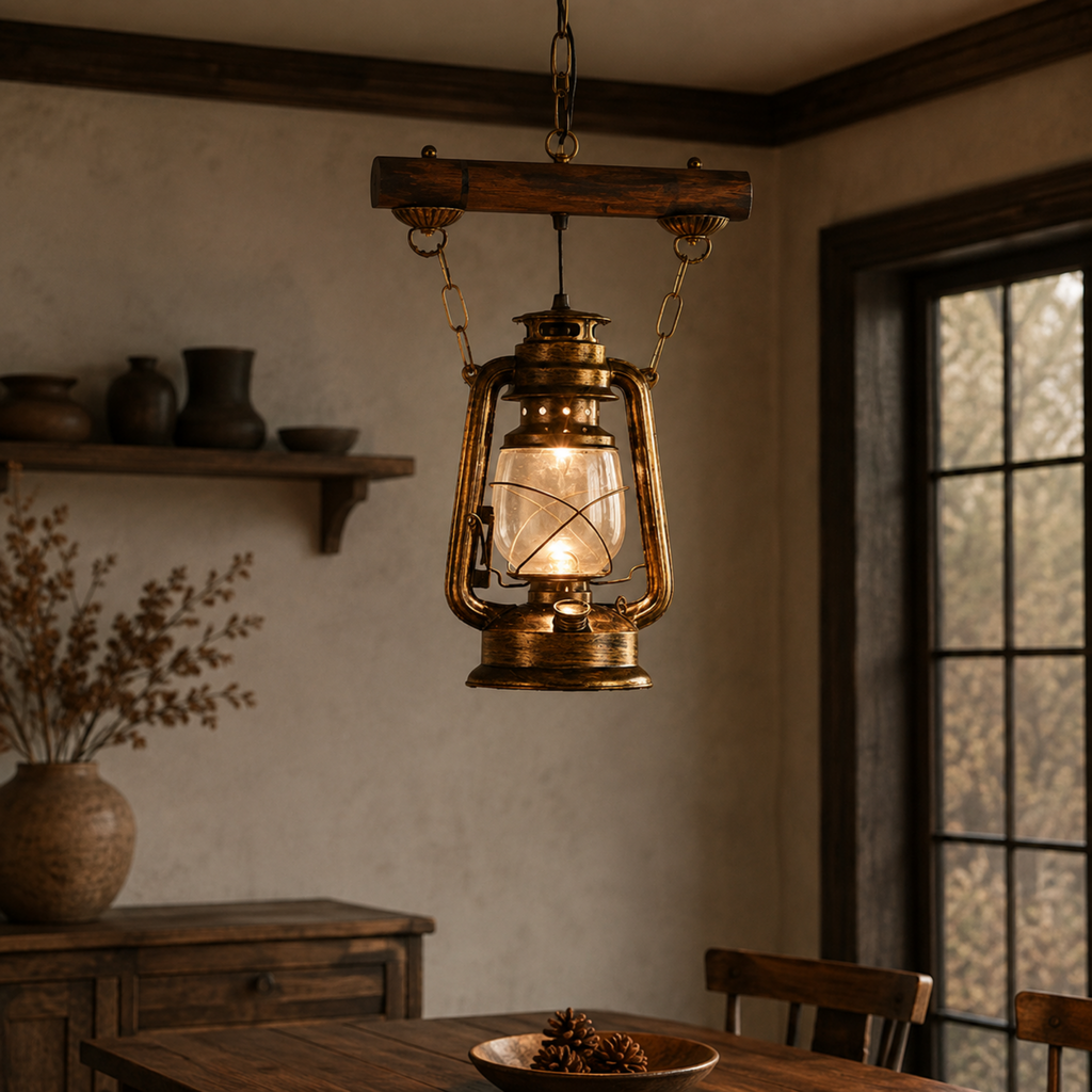 Rustic glass pendant light above a dining table