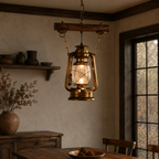 Rustic glass pendant light above a dining table