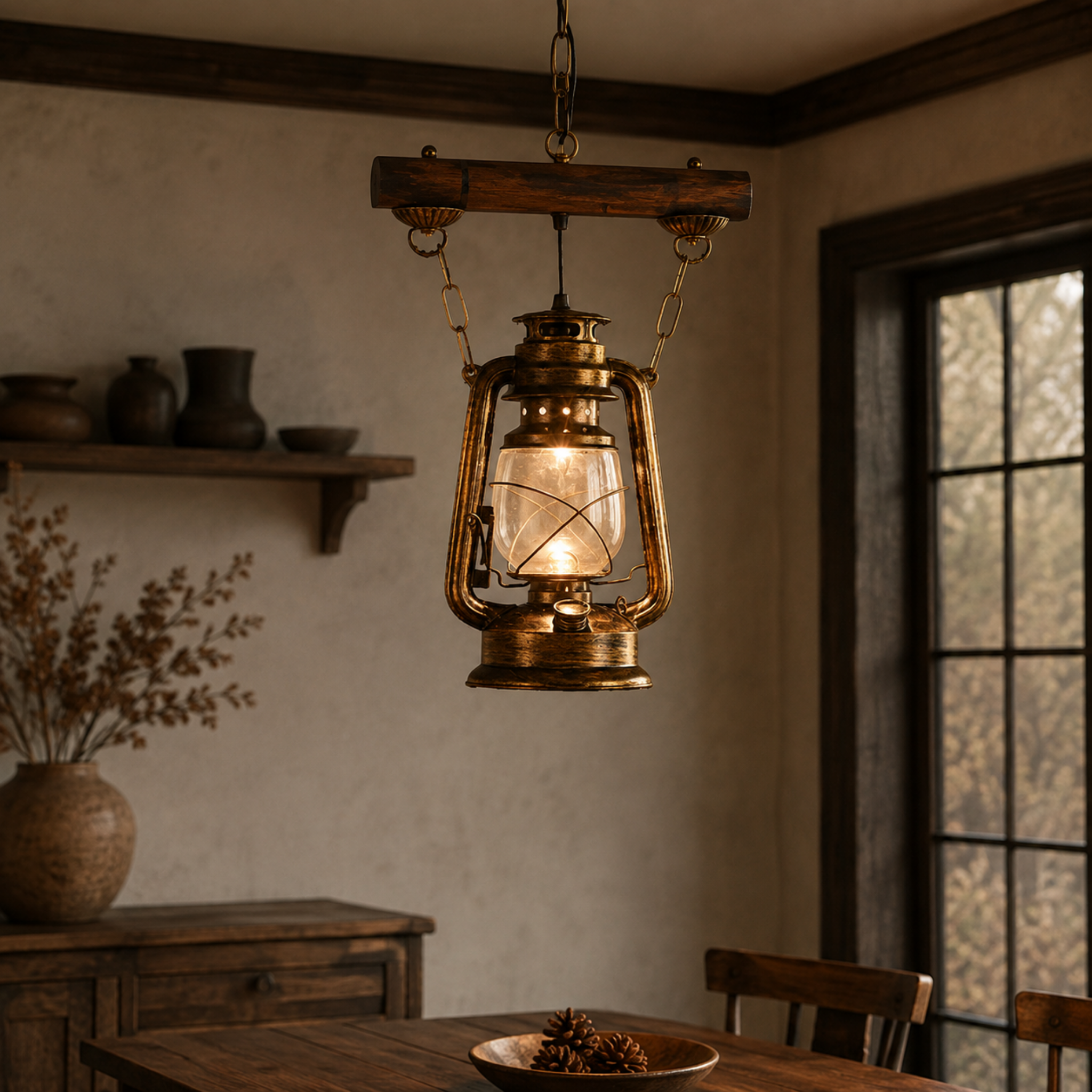 Rustic glass pendant light above a dining table