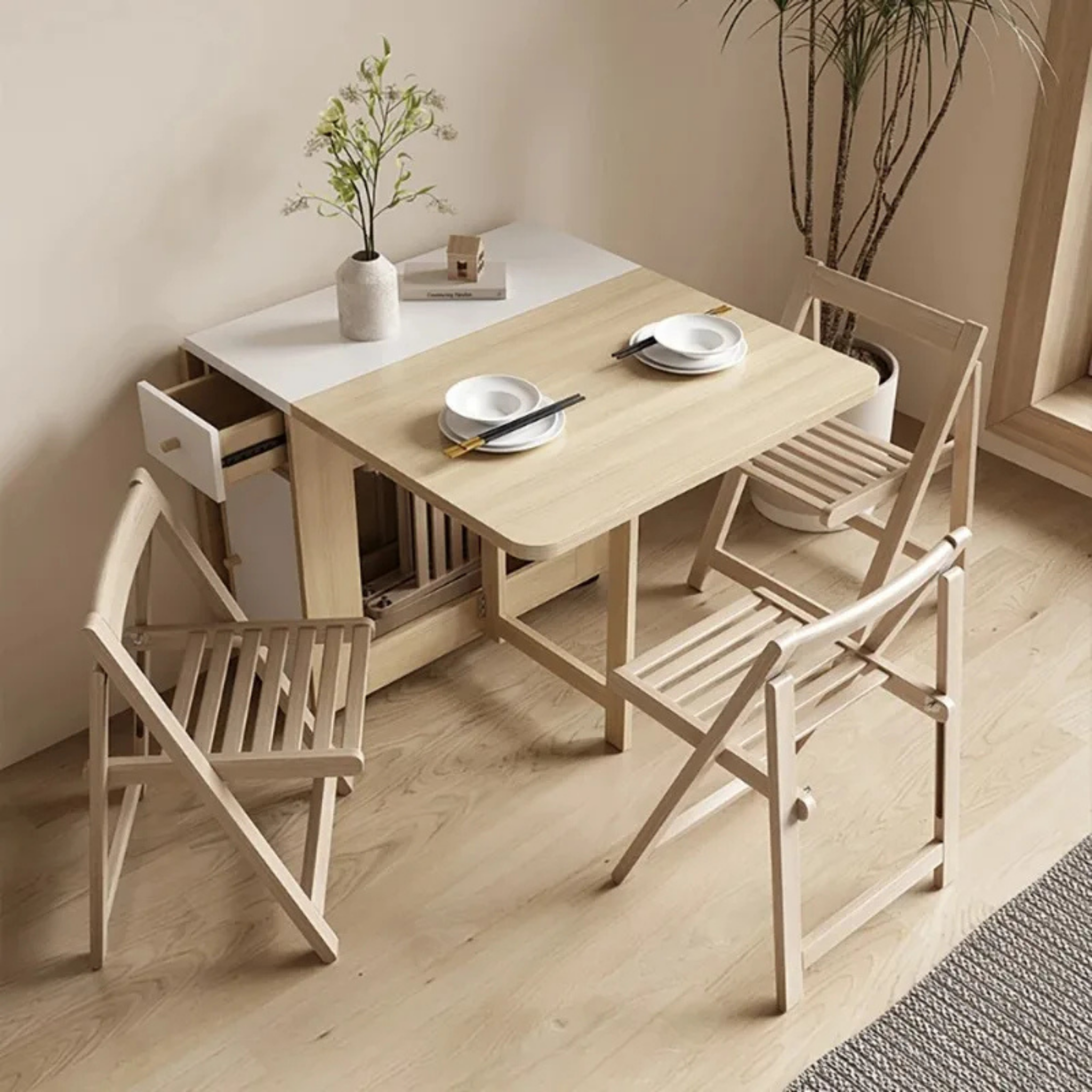 Scandinavian rectangular dining table with matching wooden chairs
