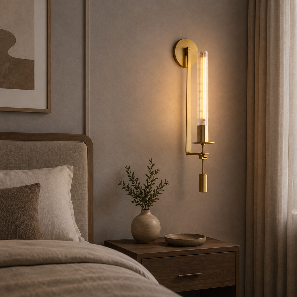 Scandinavian modern wall sconce in a bedroom