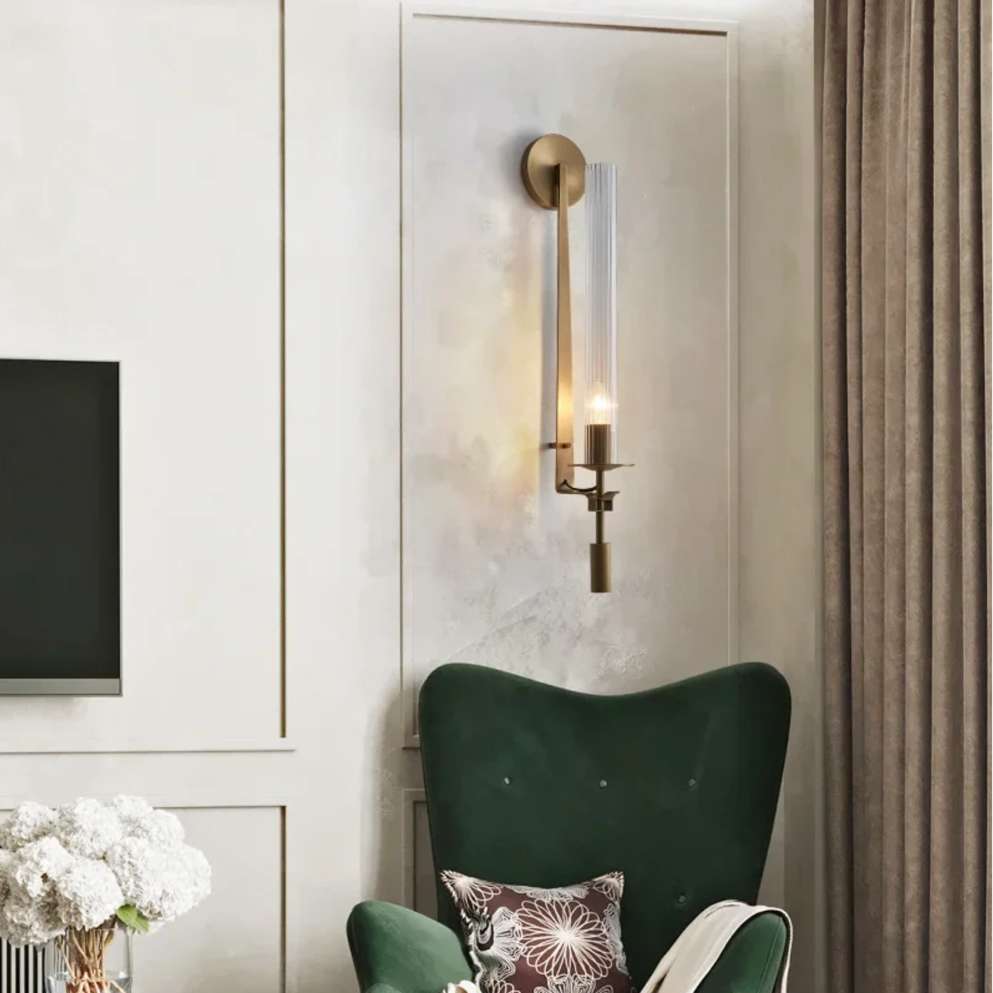 Scandinavian glass wall sconce in a living room