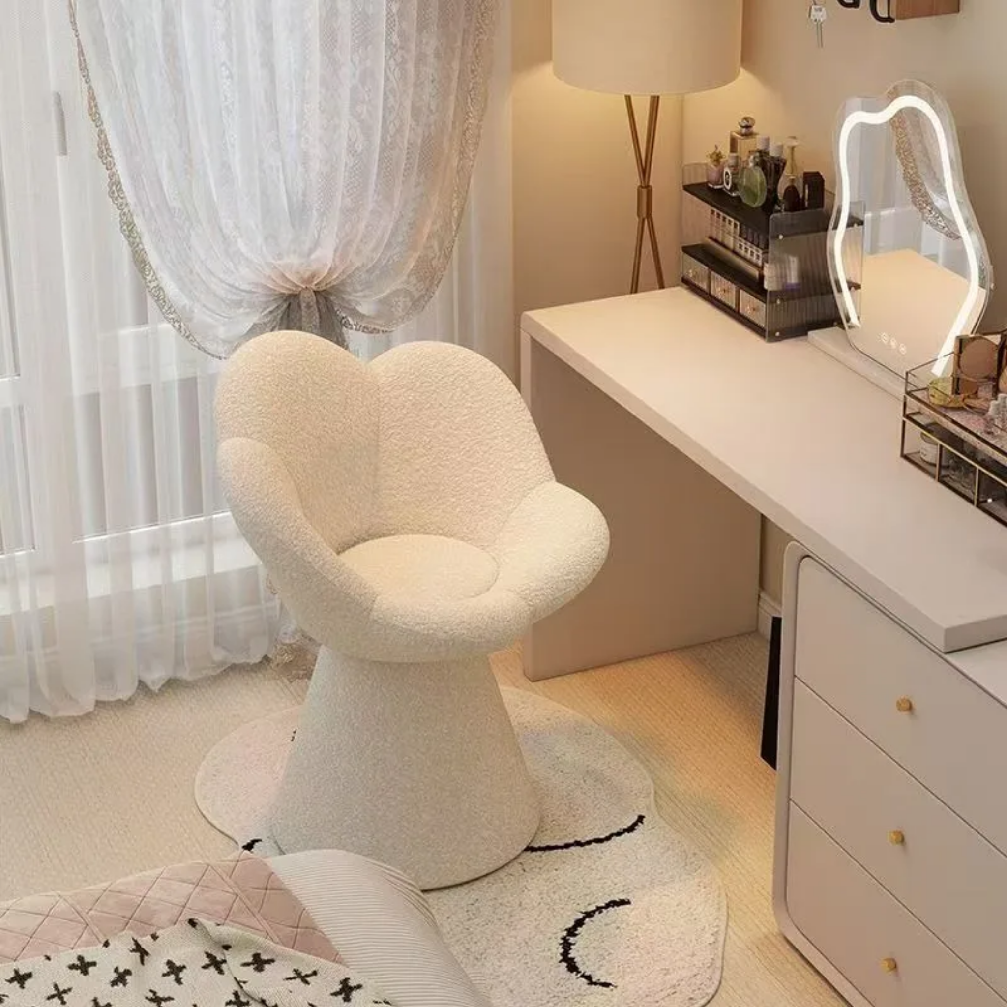 Scandinavian vanity stool at a makeup table