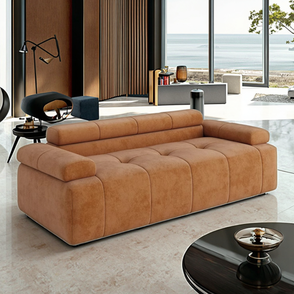 Scandinavian velvet sofa in a modern interior