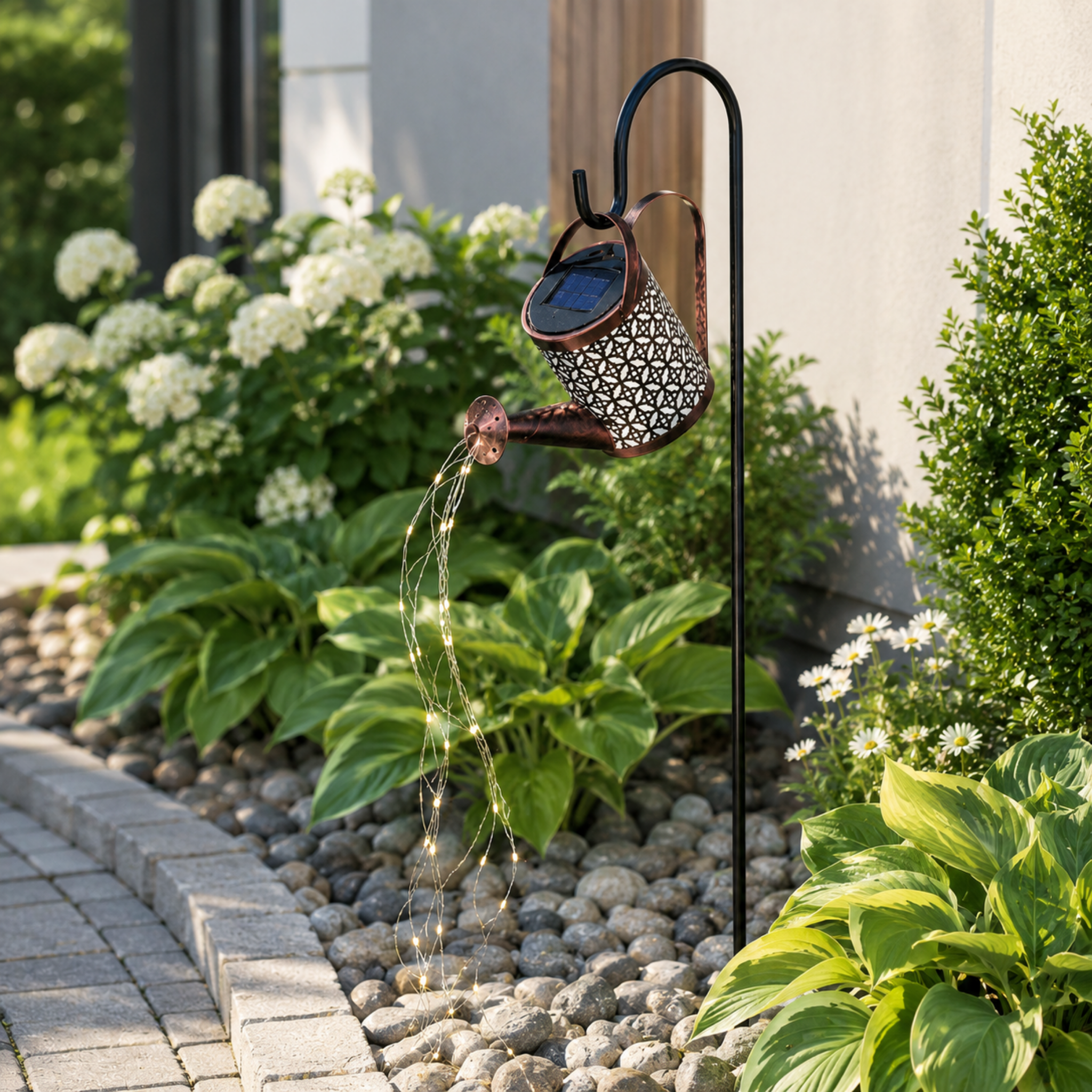 Solar watering kettle lamp in a garden during the day