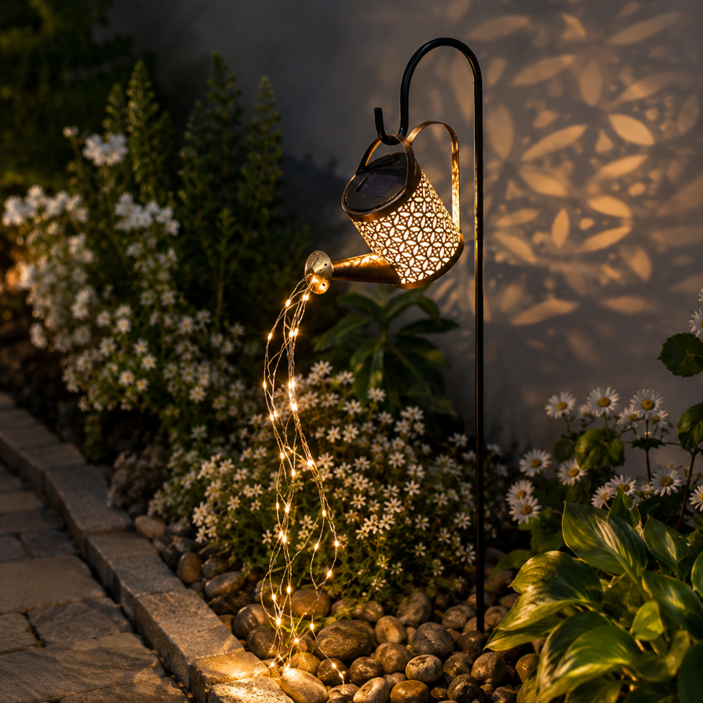 Solar watering kettle lamp beside a garden pathway