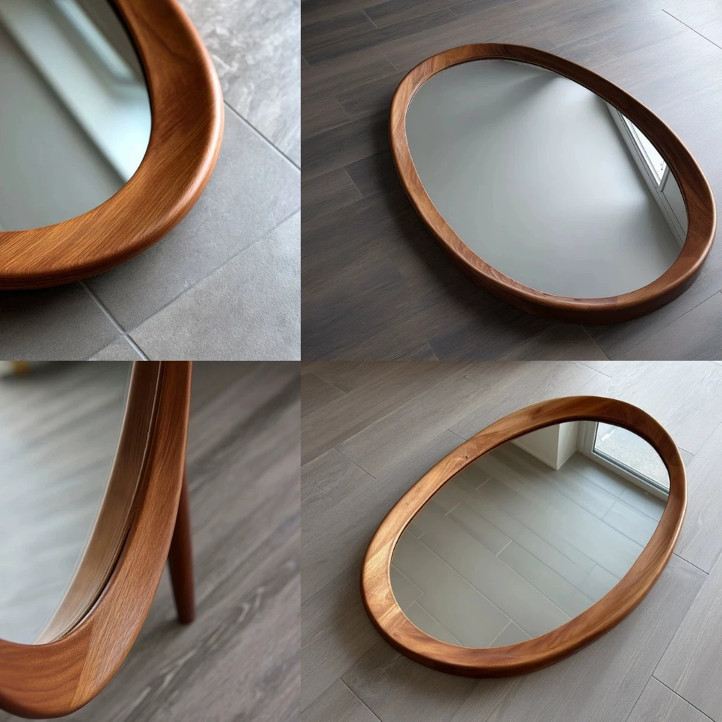 Close-up of solid rubberwood frame on oval wall mirror