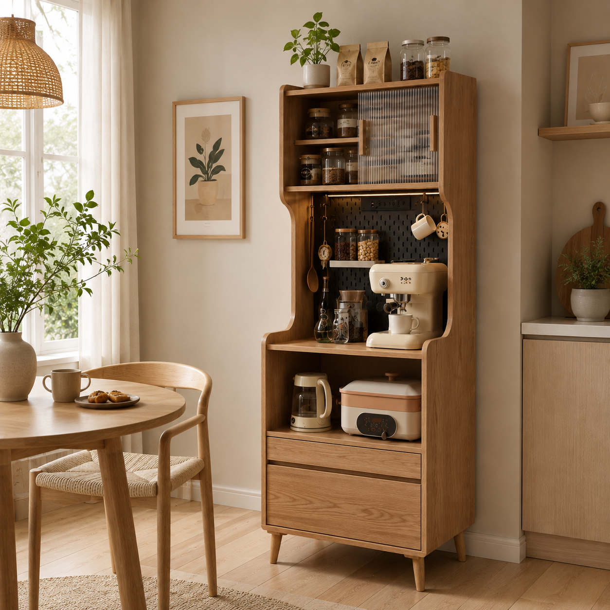 Wall-mounted solid wood storage cabinet for kitchen and dining room, featuring shelves, drawers, sliding doors, hooks, and organized storage for appliances, jars, cups, and utensils.