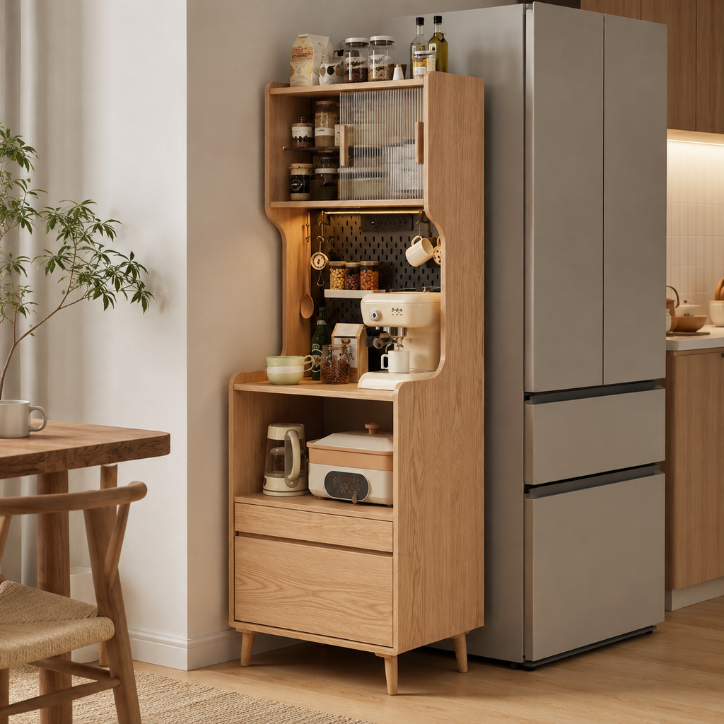 Wall-mounted solid wood storage cabinet for kitchen and dining room, featuring shelves, drawers, sliding doors, hooks, and organized storage for appliances, jars, cups, and utensils.