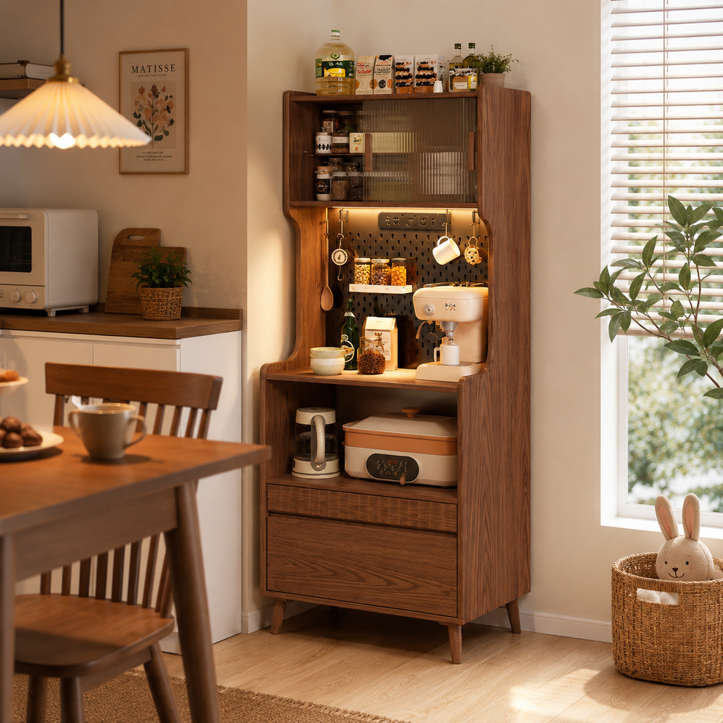Wall-mounted solid wood storage cabinet for kitchen and dining room, featuring shelves, drawers, sliding doors, hooks, and organized storage for appliances, jars, cups, and utensils.