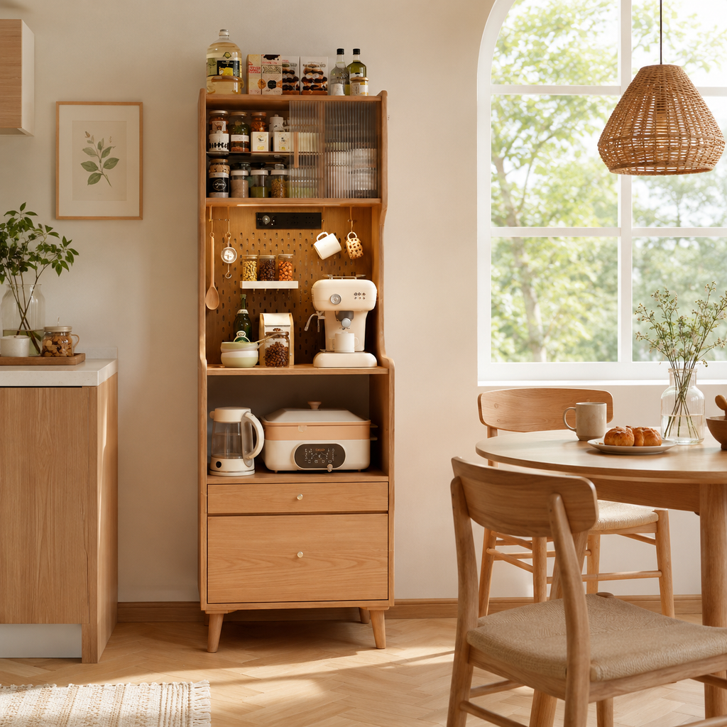 Wall-mounted solid wood storage cabinet for kitchen and dining room, featuring shelves, drawers, sliding doors, hooks, and organized storage for appliances, jars, cups, and utensils.