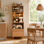 Wall-mounted solid wood storage cabinet for kitchen and dining room, featuring shelves, drawers, sliding doors, hooks, and organized storage for appliances, jars, cups, and utensils.