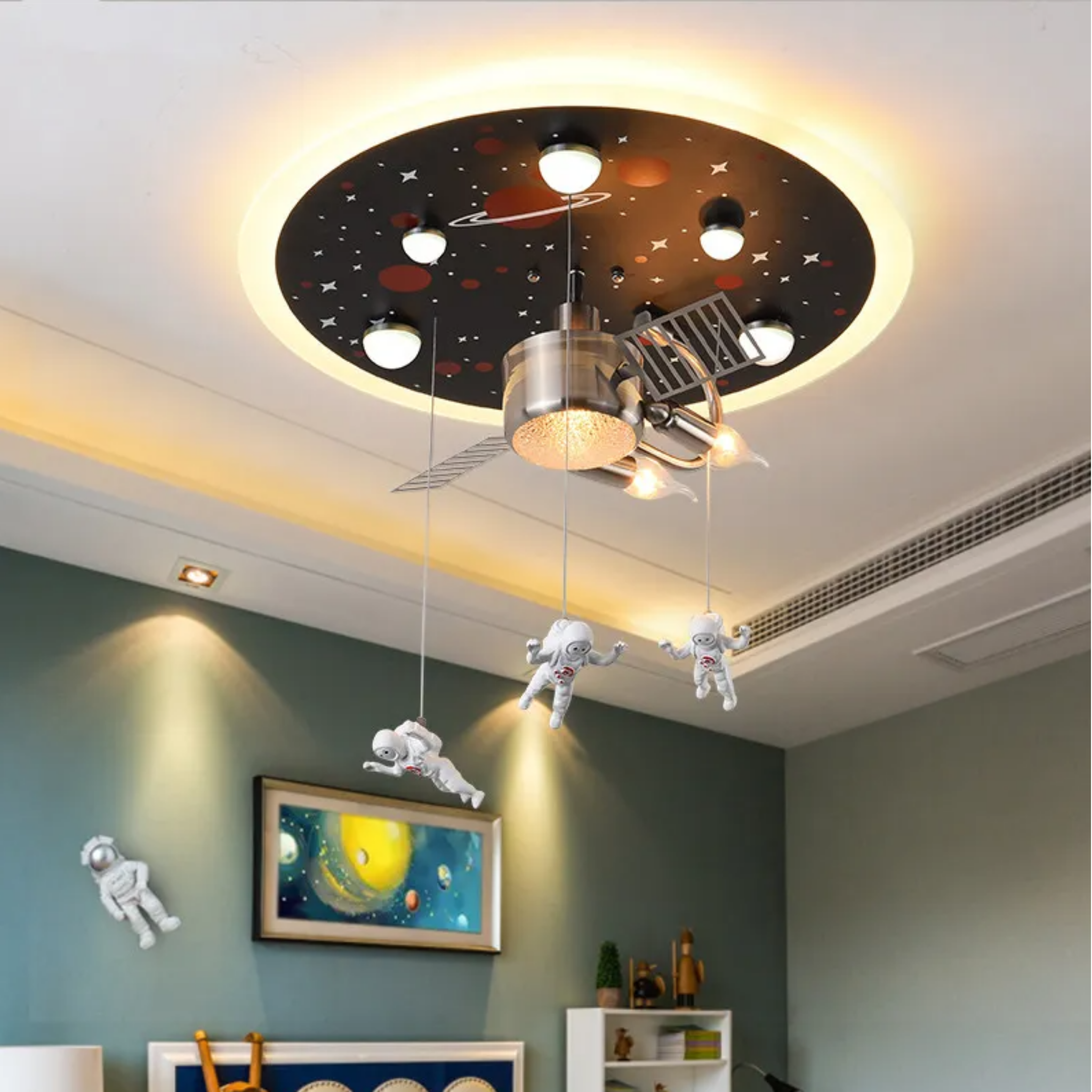 Space satellite ceiling light in a kids bedroom