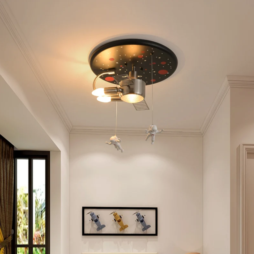 Space satellite ceiling light in a kids study room