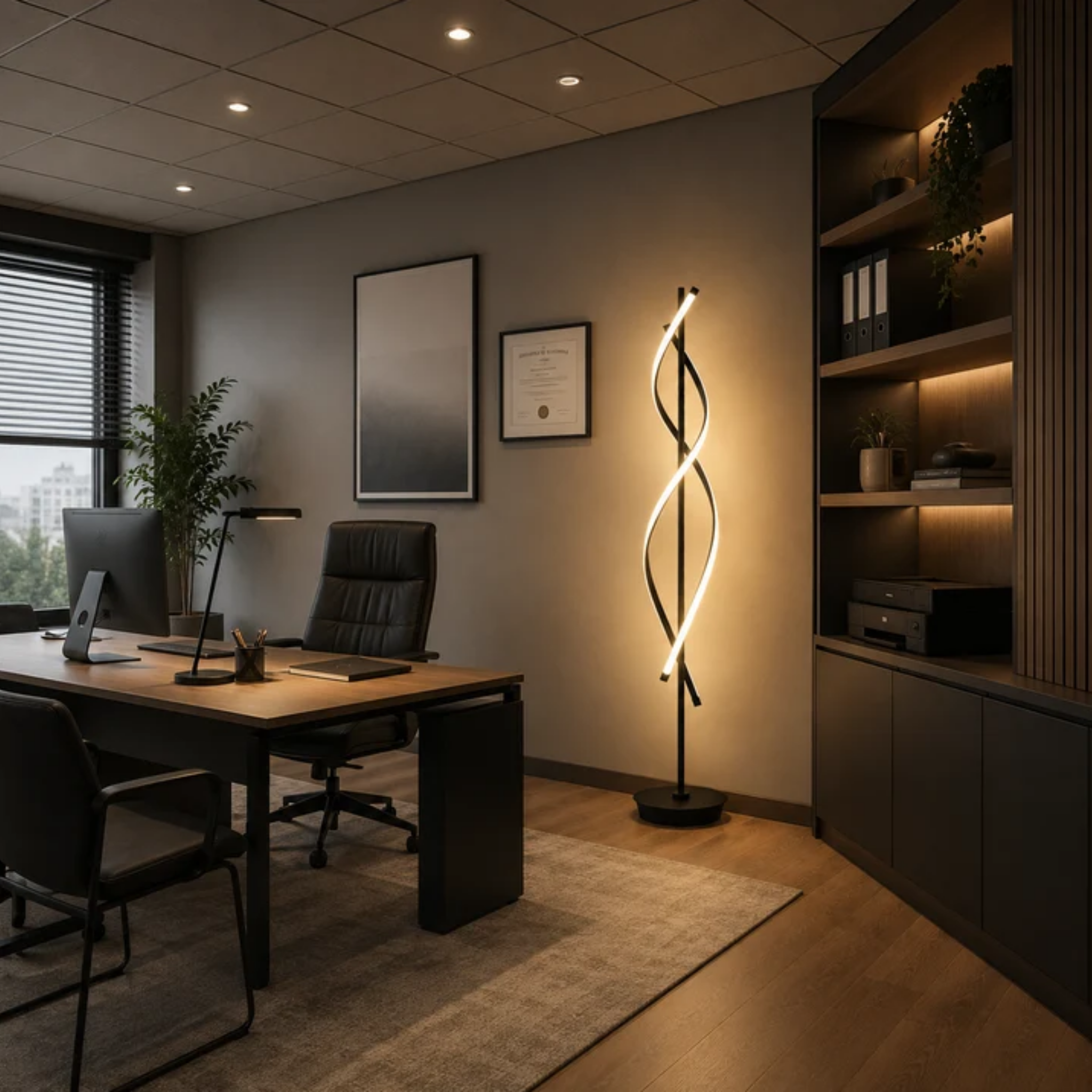 Modern spiral LED floor lamp in office