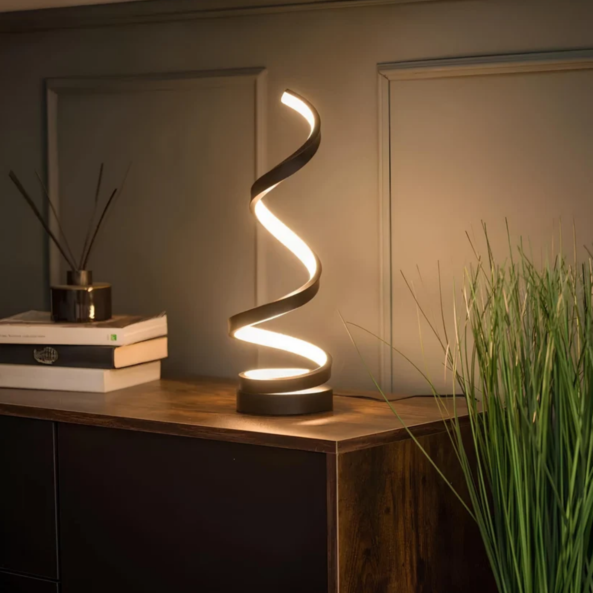 Modern LED spiral table lamp in living room