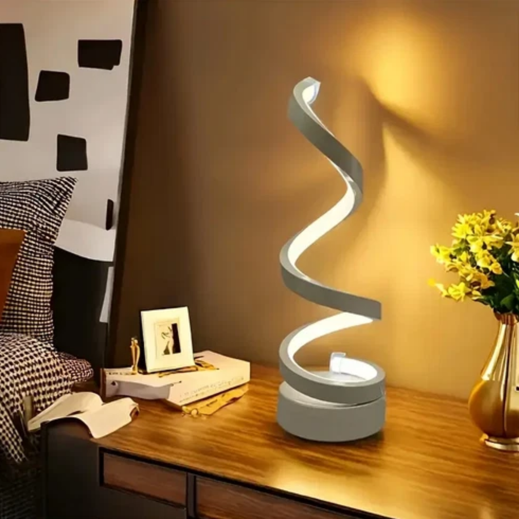 LED spiral bedside lamp on nightstand
