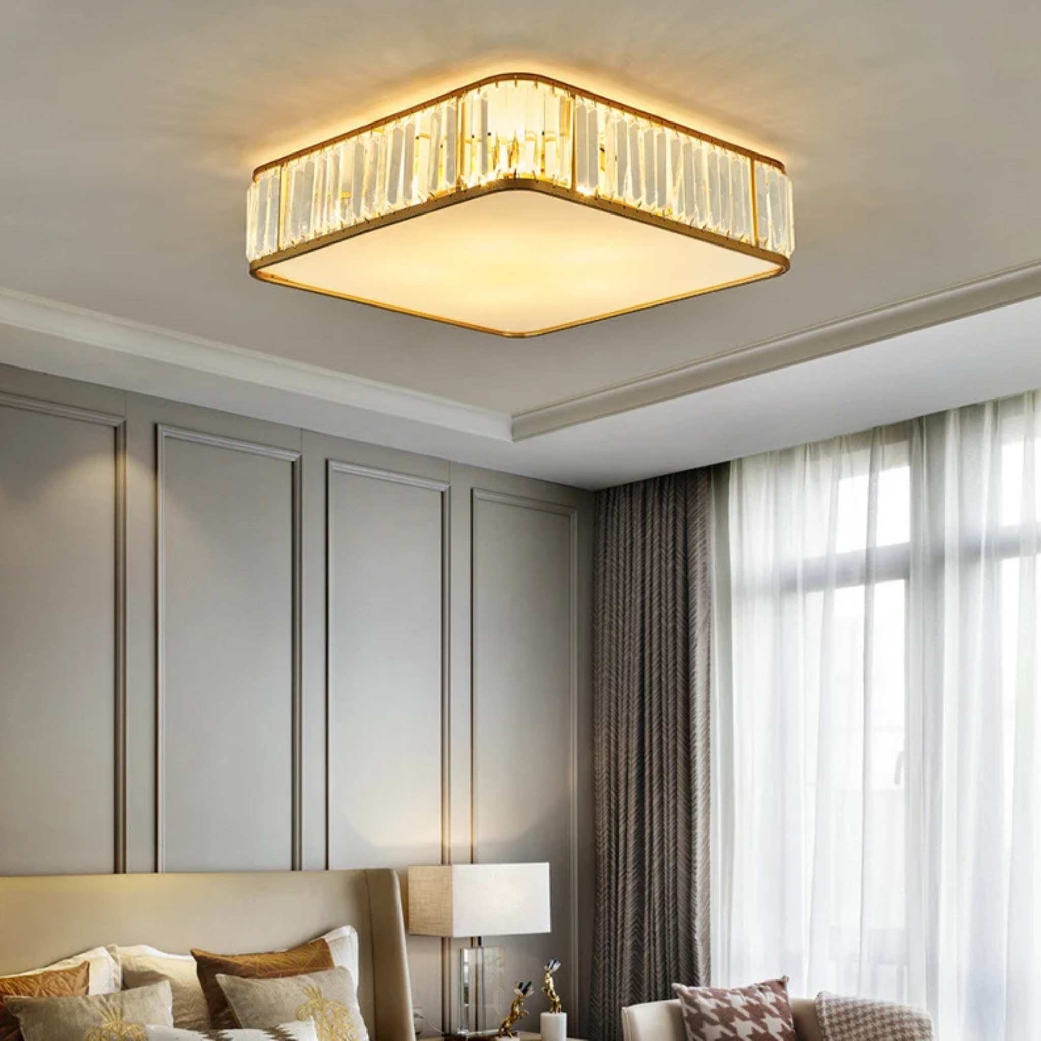 Square crystal LED chandelier in a bedroom