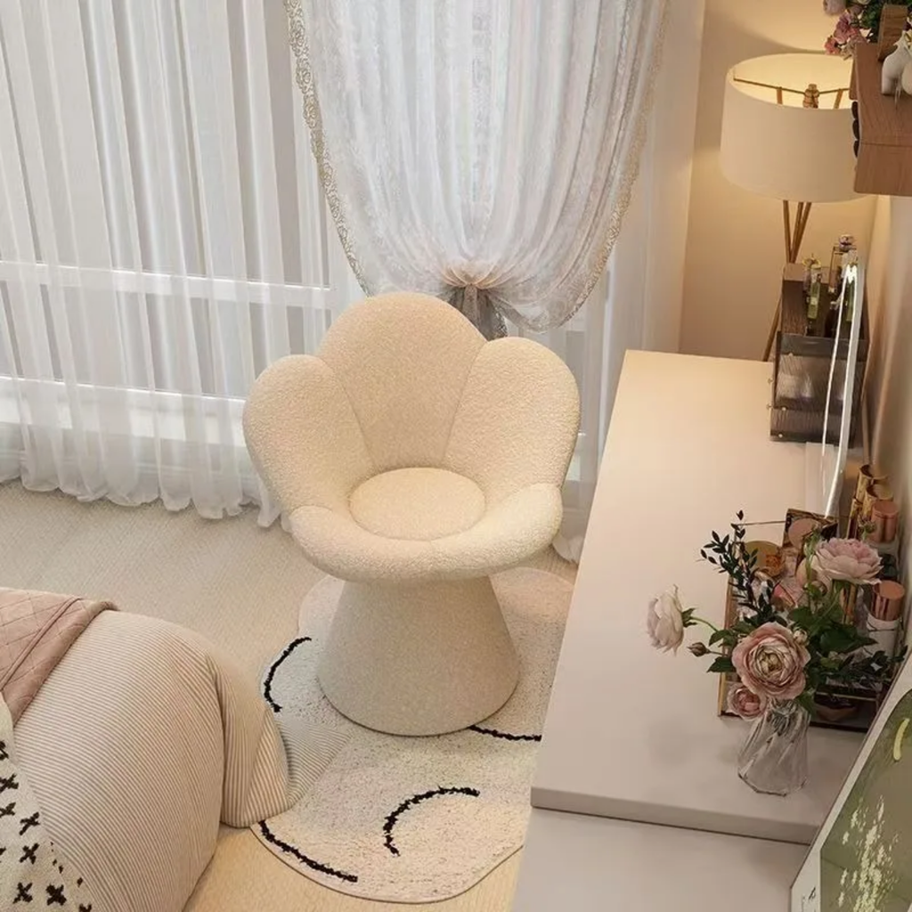Angled view of teddy fleece petal vanity stool