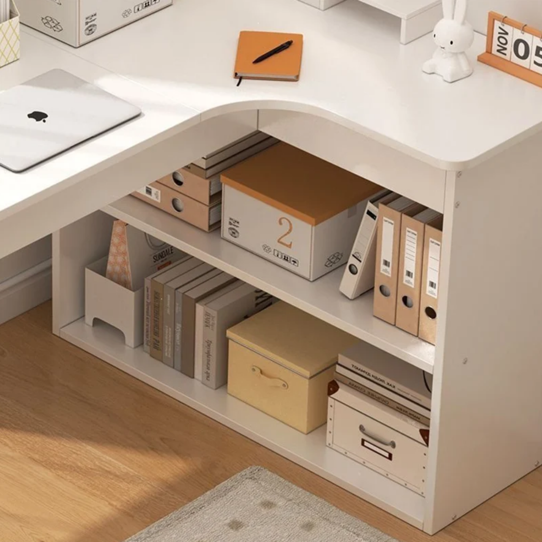2 open shelves on contemporary white desk
