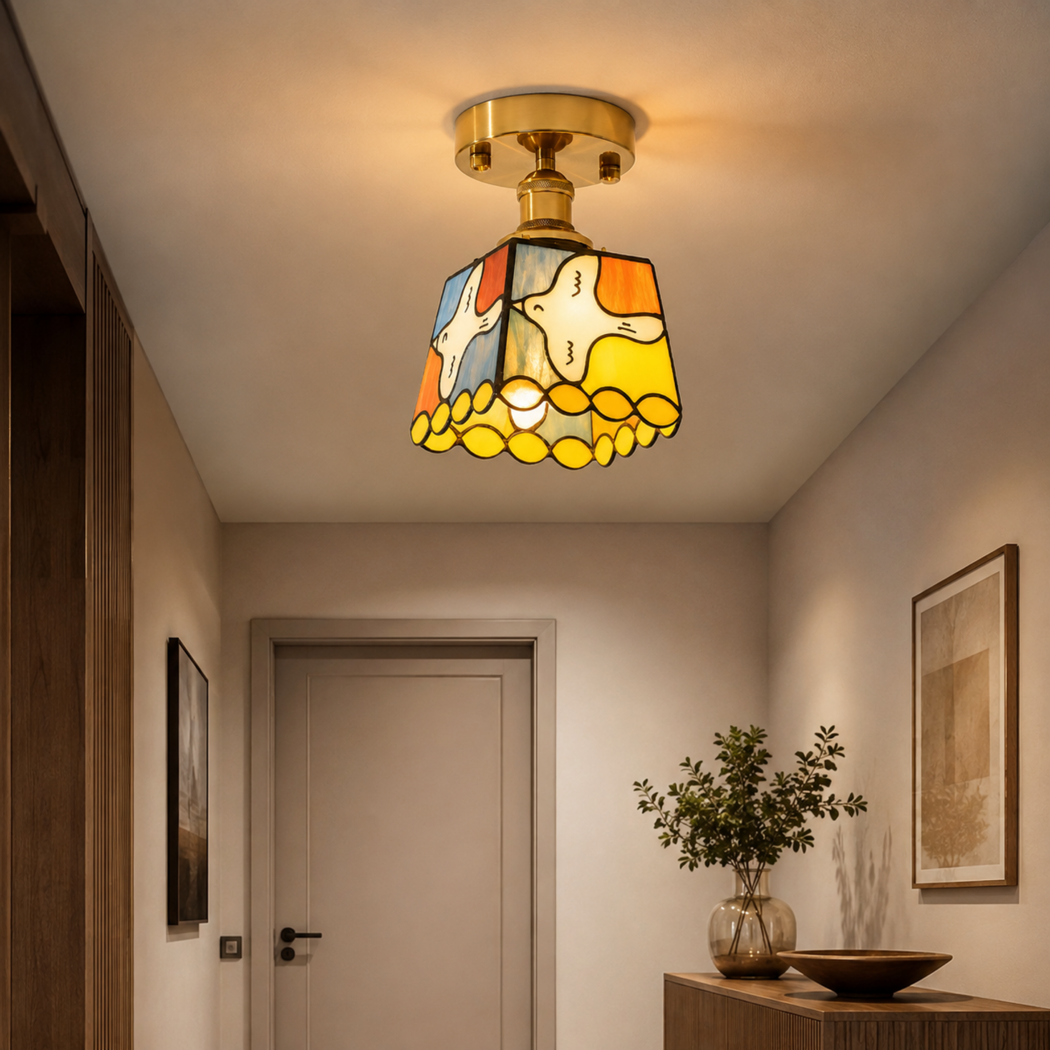 Tiffany glass ceiling light in an entryway