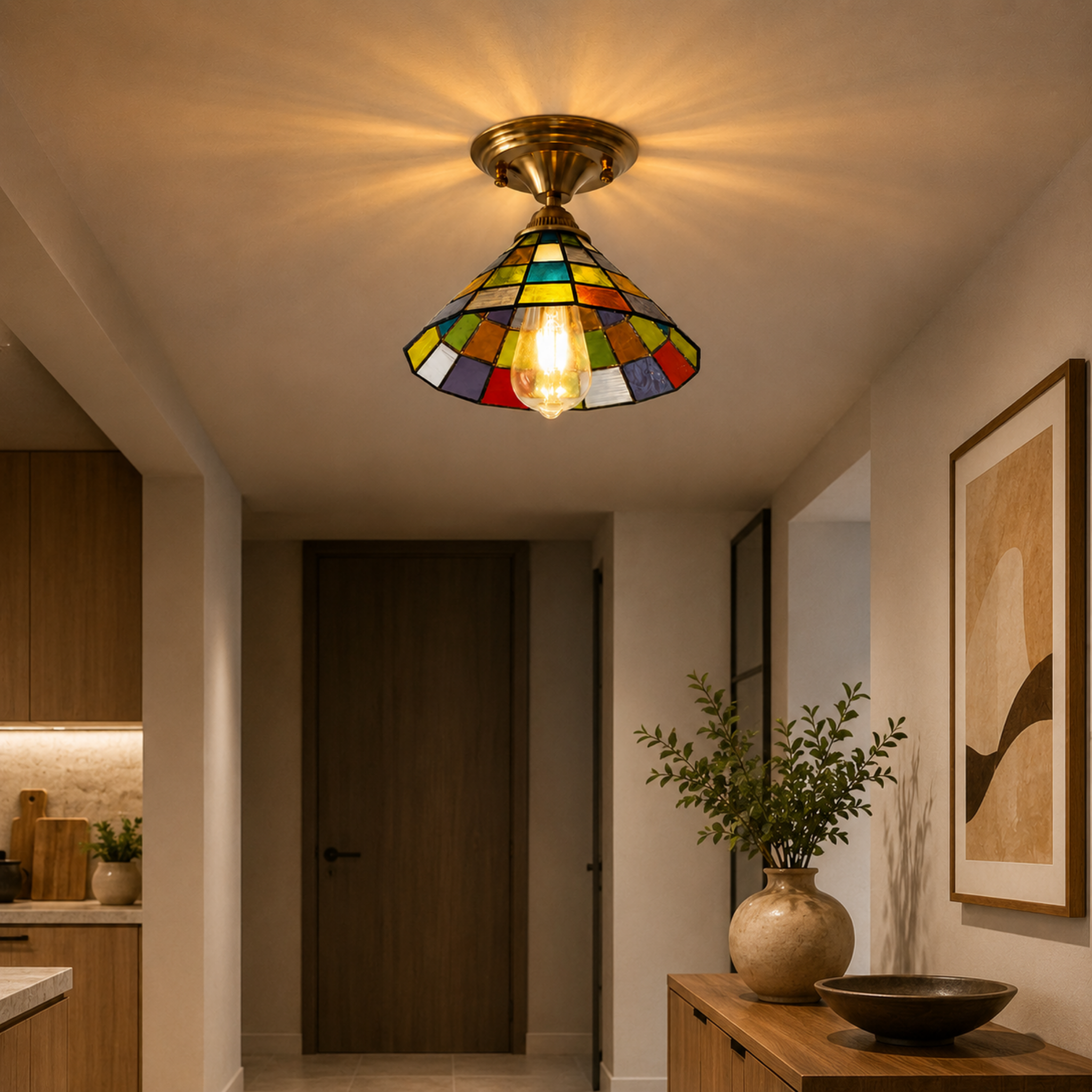 Tiffany glass ceiling light in a hallway