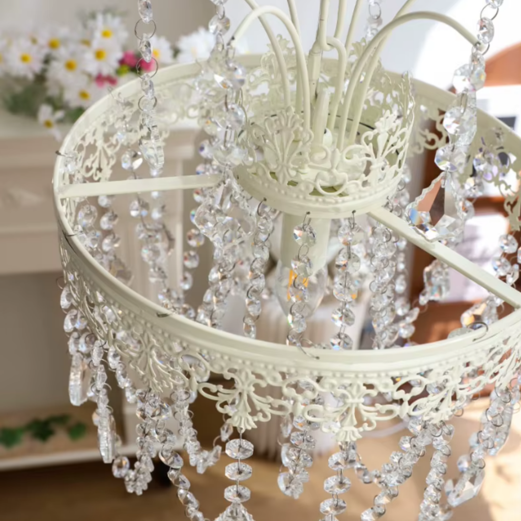 Above view of the traditional French vintage crystal pendant ceiling light