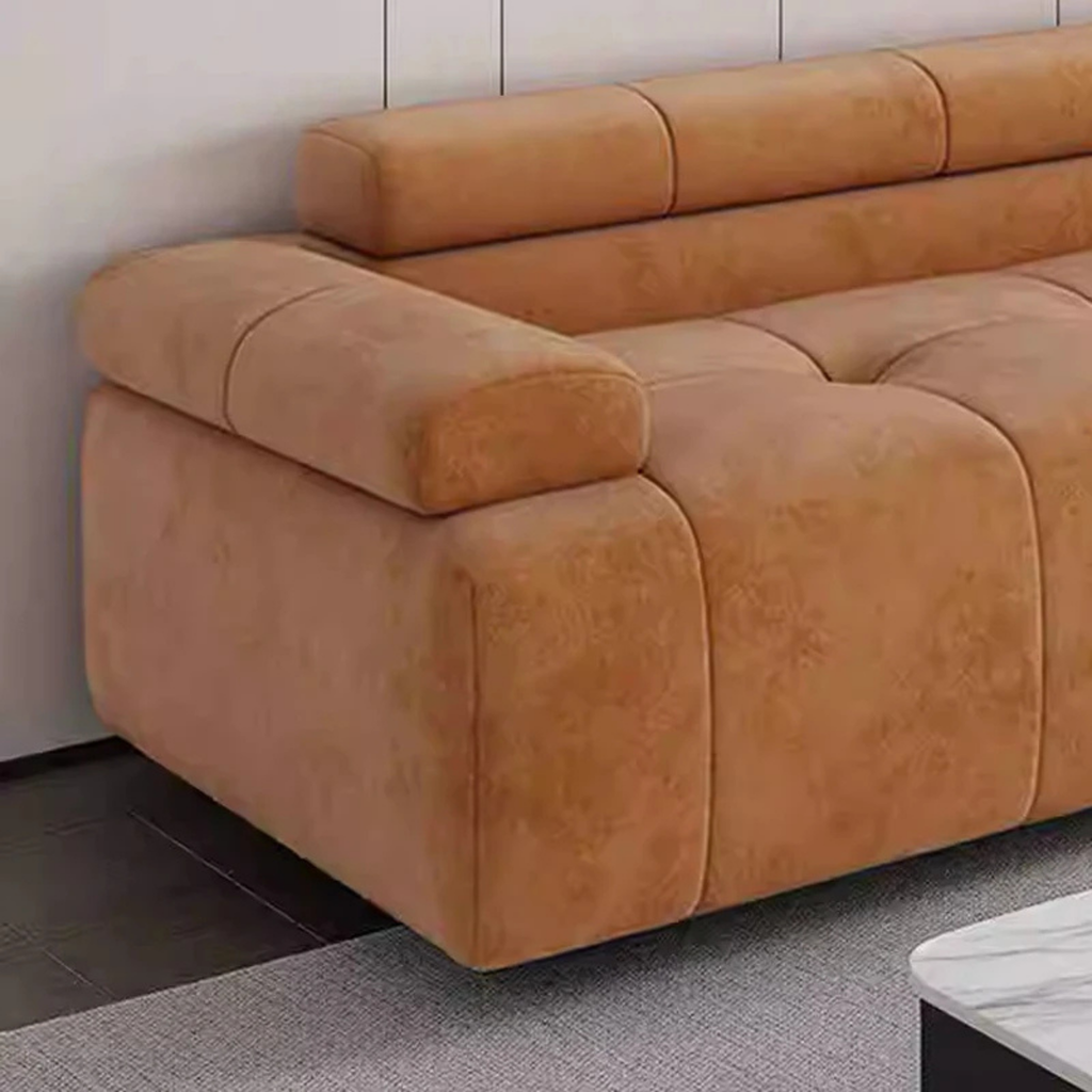 Armrest detail of the velvet modular sofa