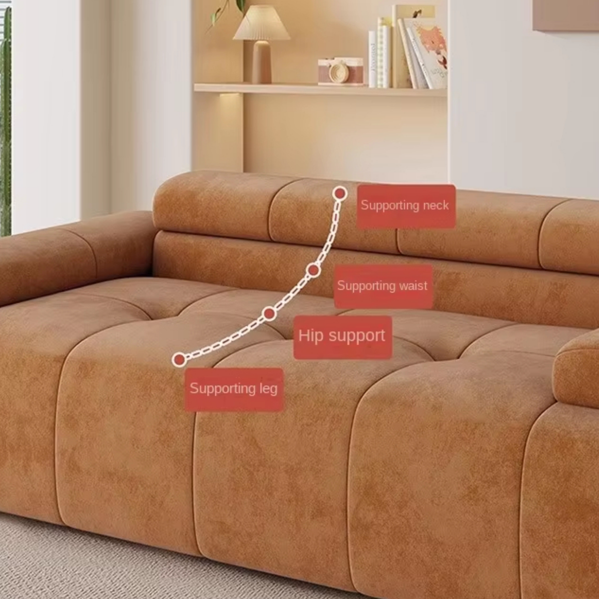 Backrest of the low-profile velvet sofa