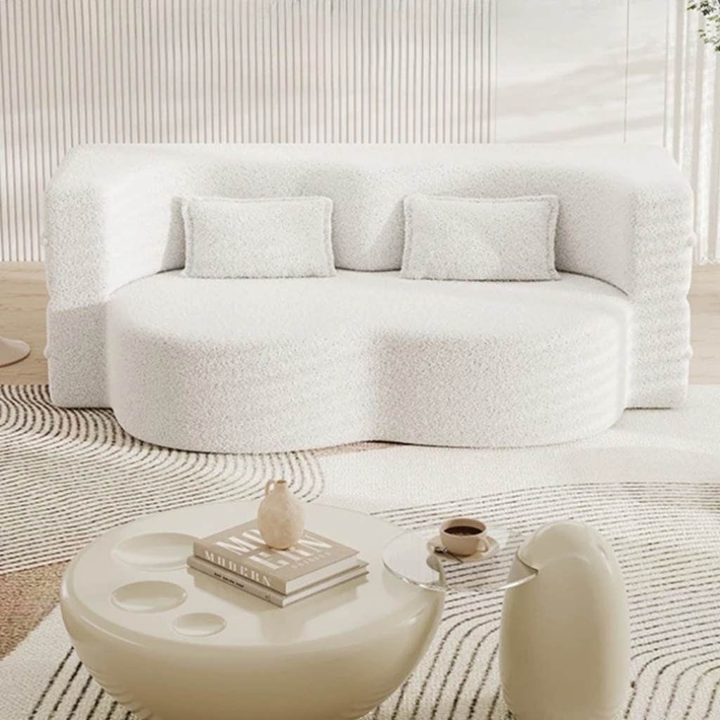 Velvet sofa bed in small apartment