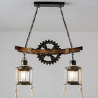 Vintage industrial double glass pendant light with wood accents