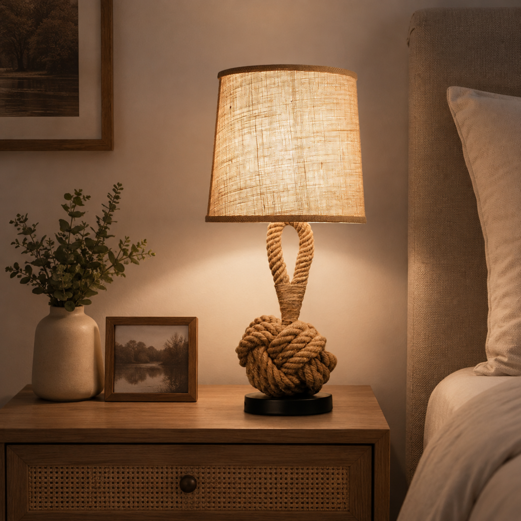 Vintage industrial hemp rope table lamp on a bedside table