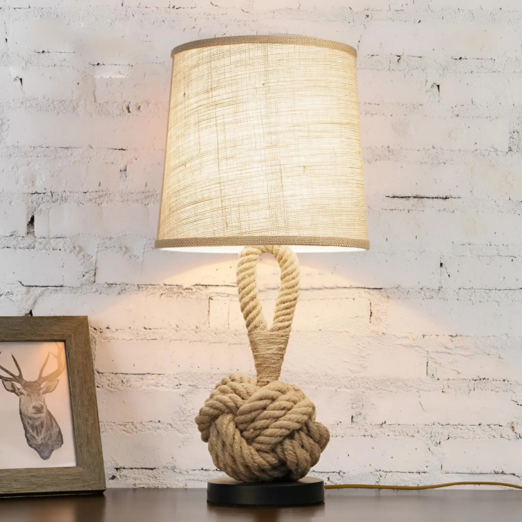 Vintage industrial hemp rope table lamp in beige