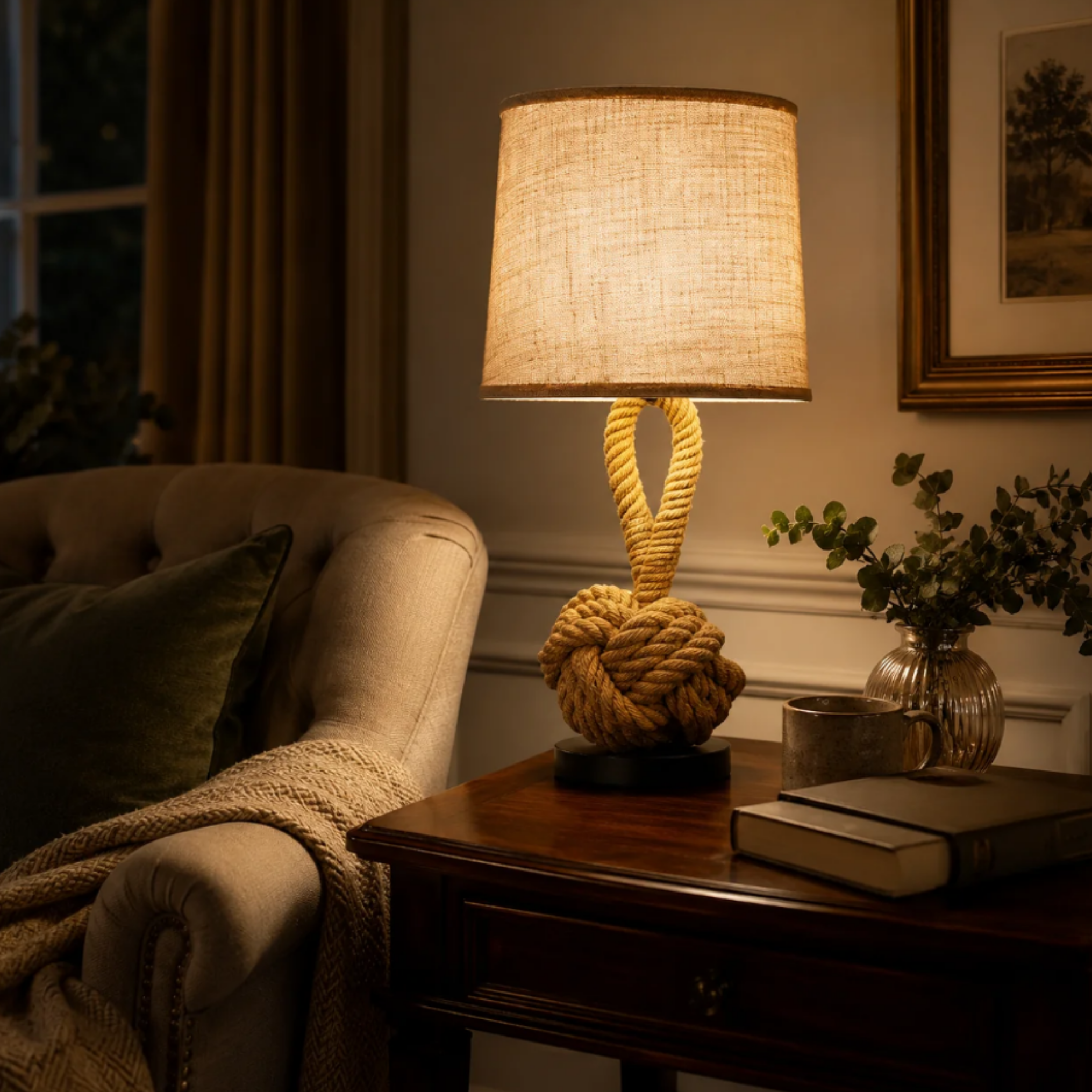 Vintage industrial hemp rope table lamp in a living room
