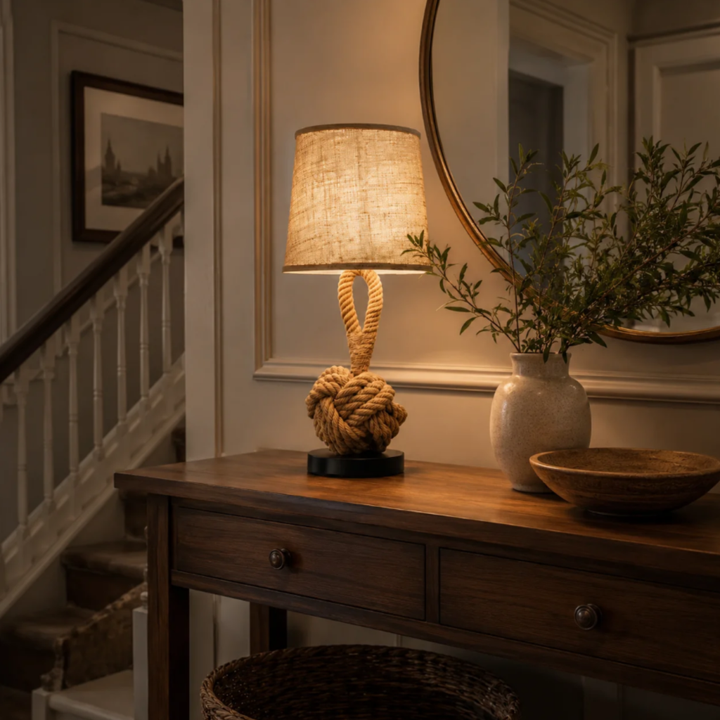 Vintage industrial hemp rope table lamp with warm ambient lighting