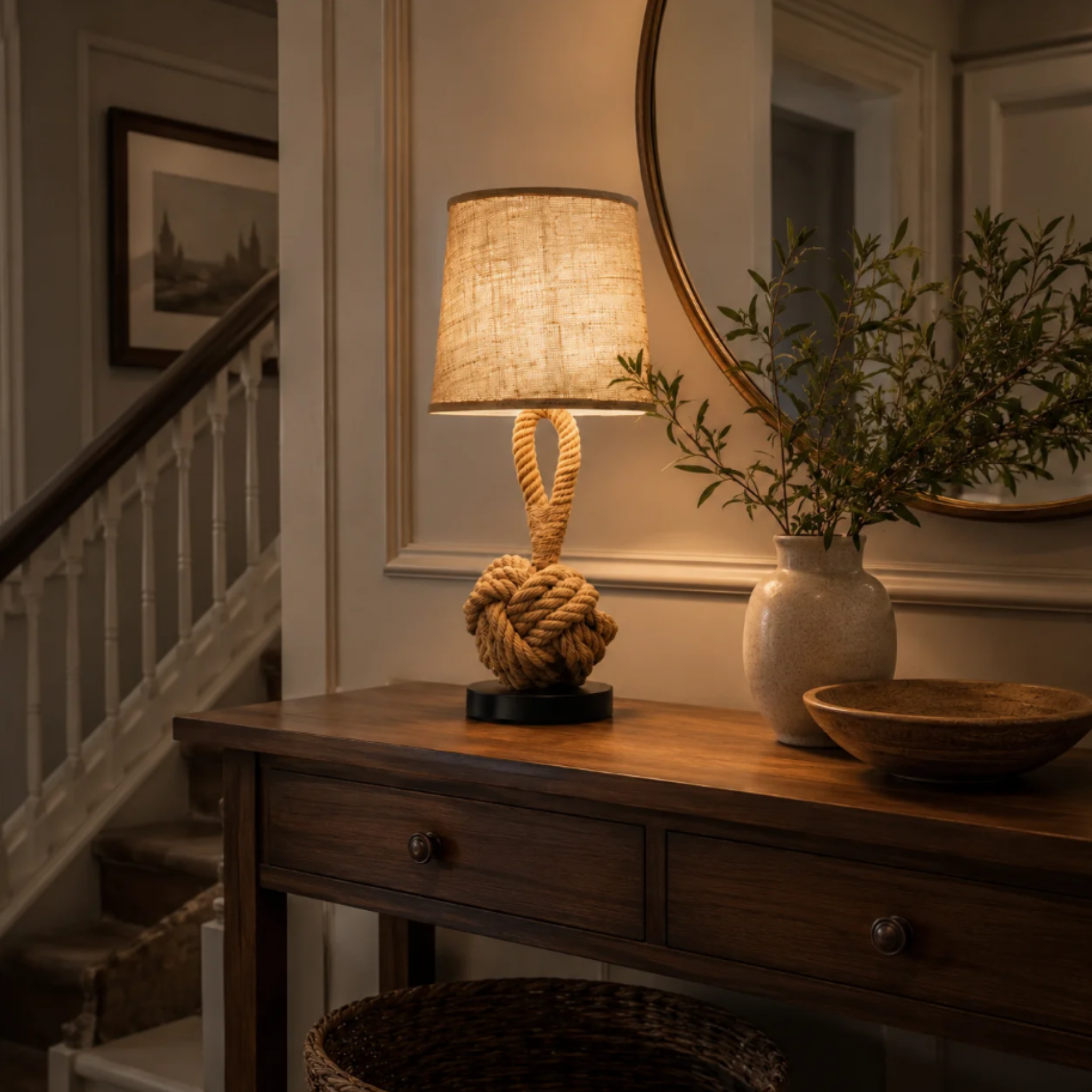 Vintage industrial hemp rope table lamp with warm ambient lighting