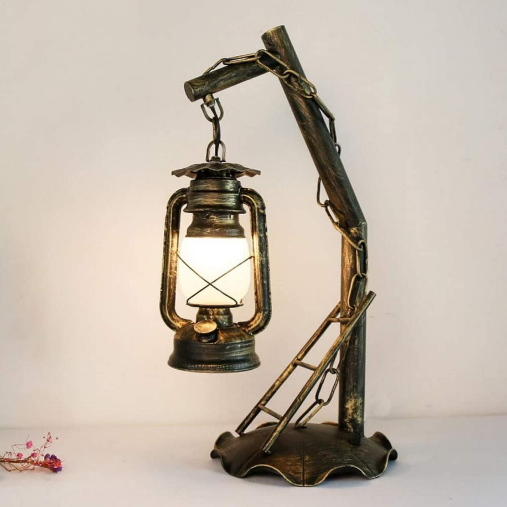Side view of the vintage kerosene-style table lamp