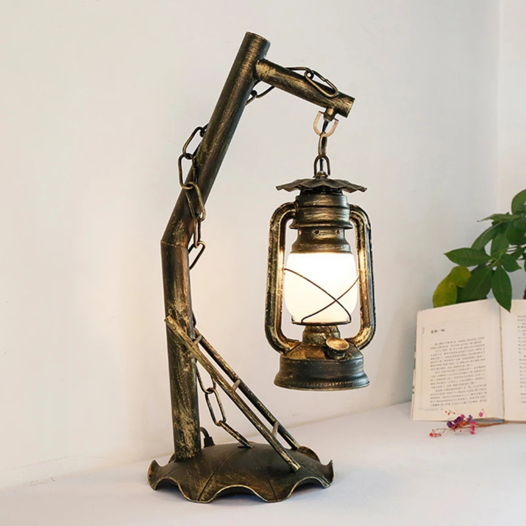 Vintage kerosene-style table lamp with glass shade