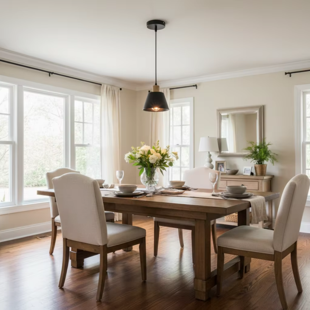 Vintage pendant light above a dining area