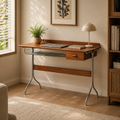 Vintage pine wood desk with stainless steel frame and drawer