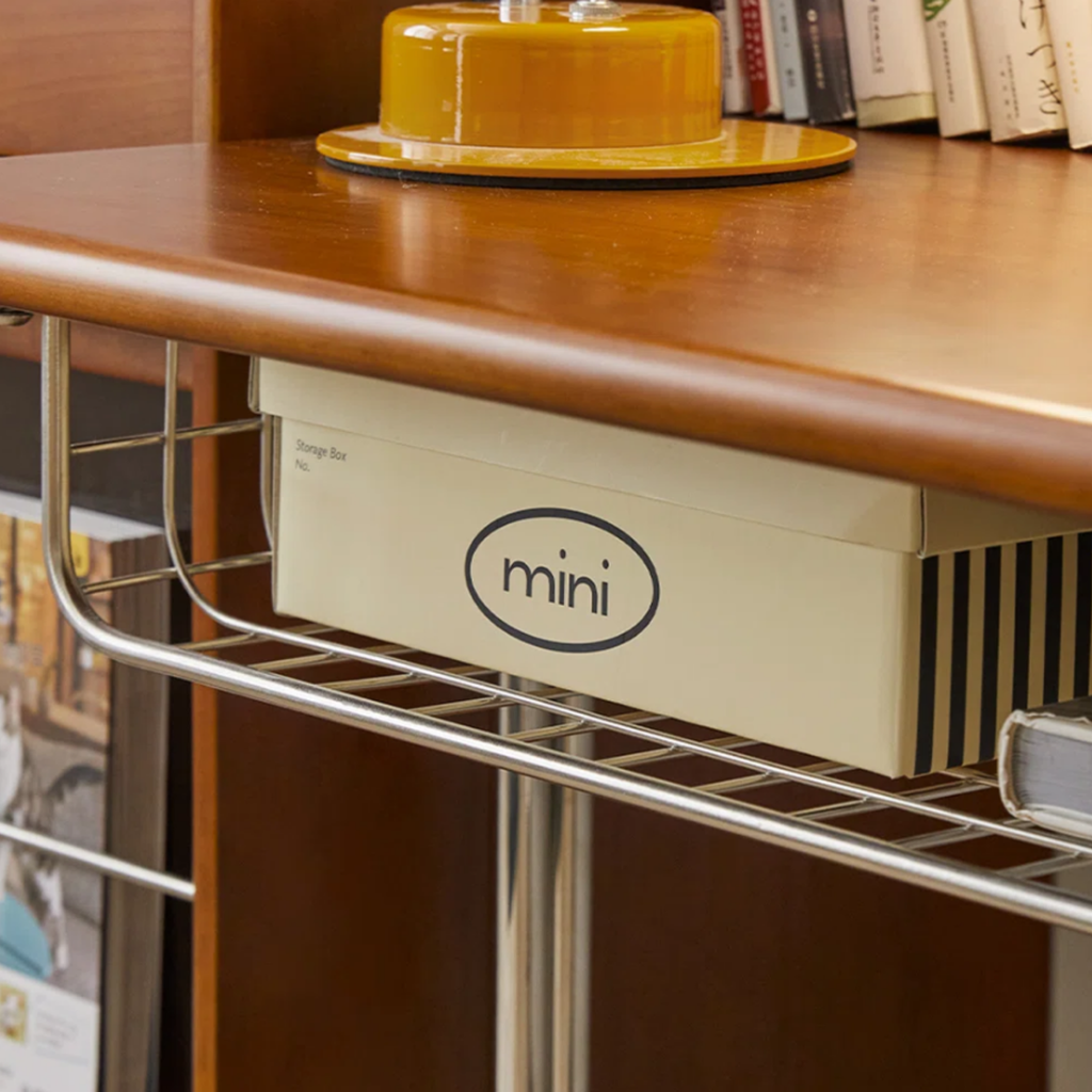 Details of the pine wood writing desk with stainless steel legs