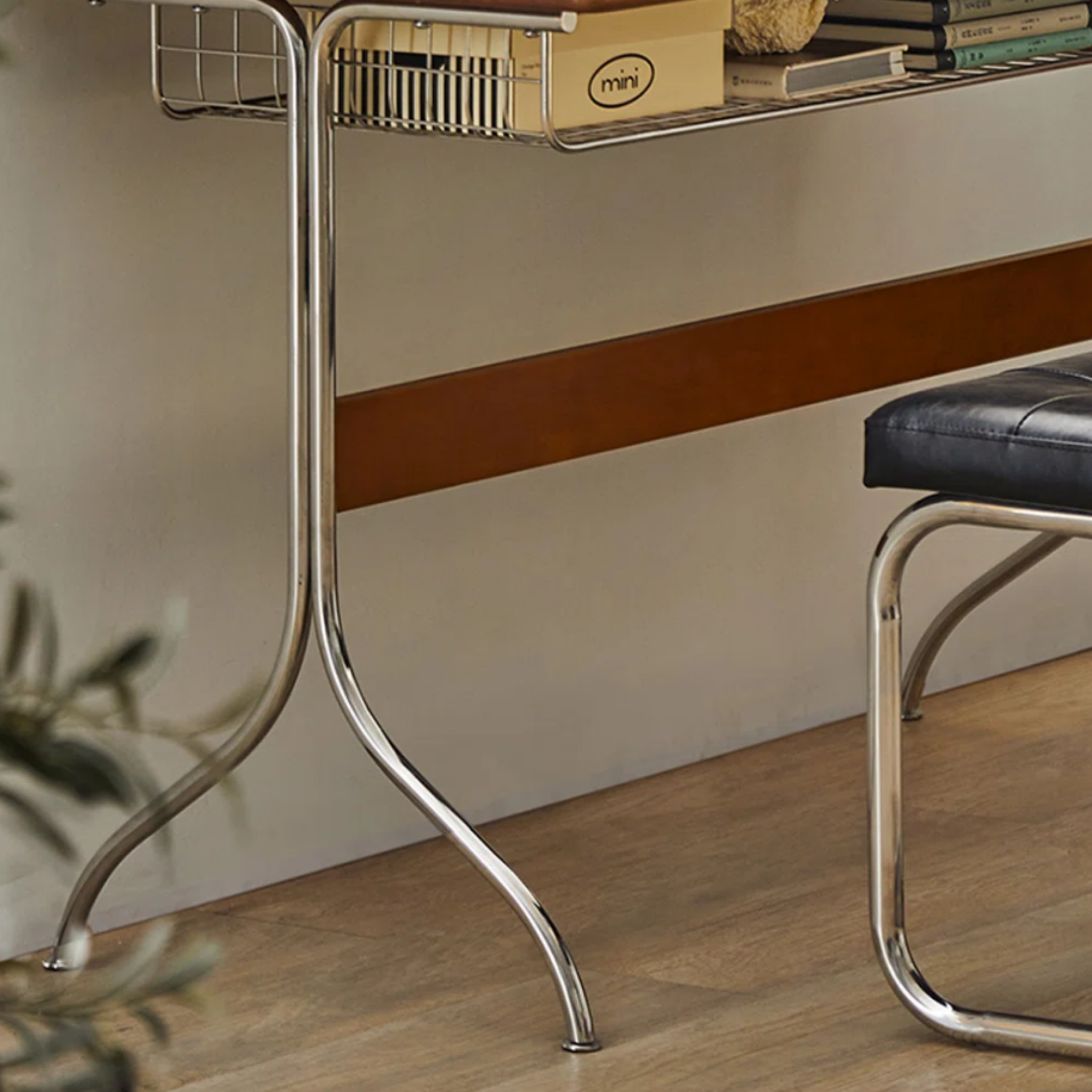 Details of the pine wood writing desk with stainless steel legs