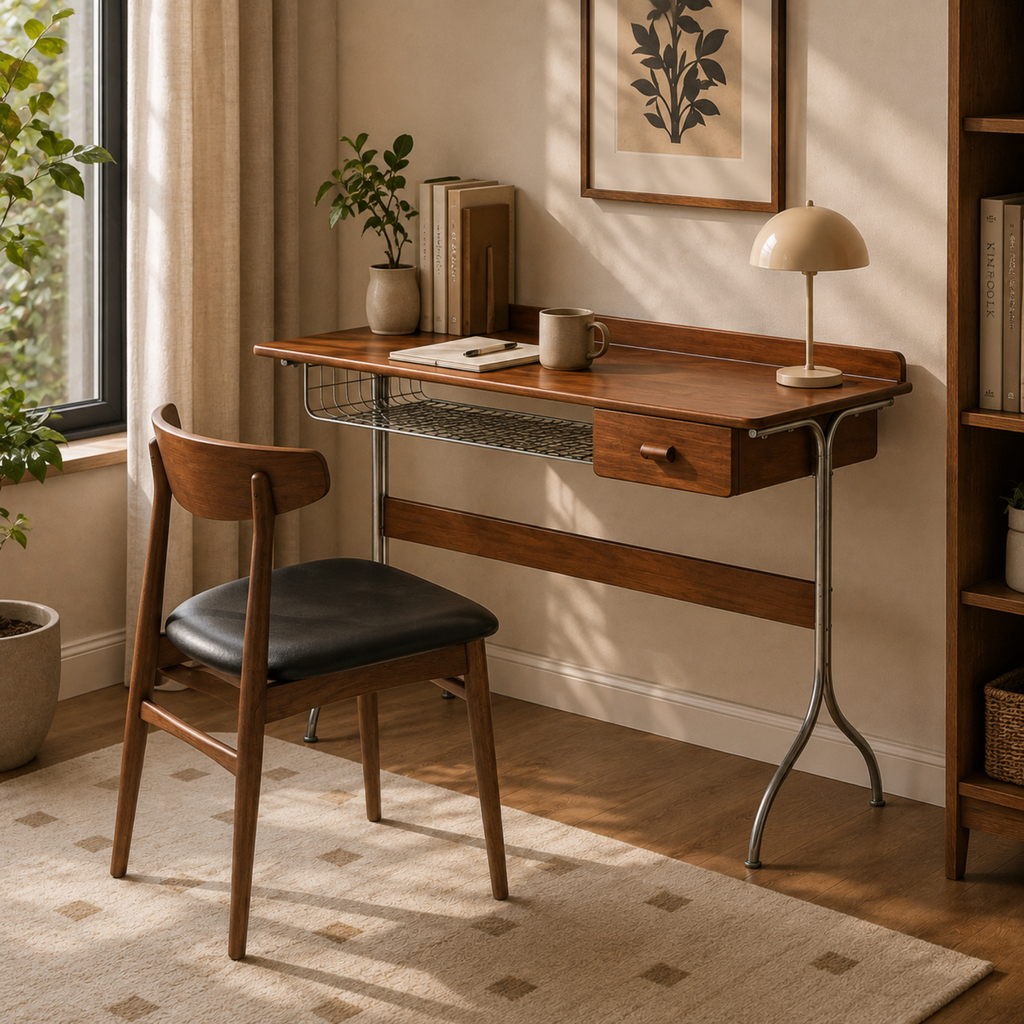 Vintage pine wood desk with stainless steel frame and drawer