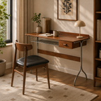 Vintage pine wood desk with stainless steel frame and drawer