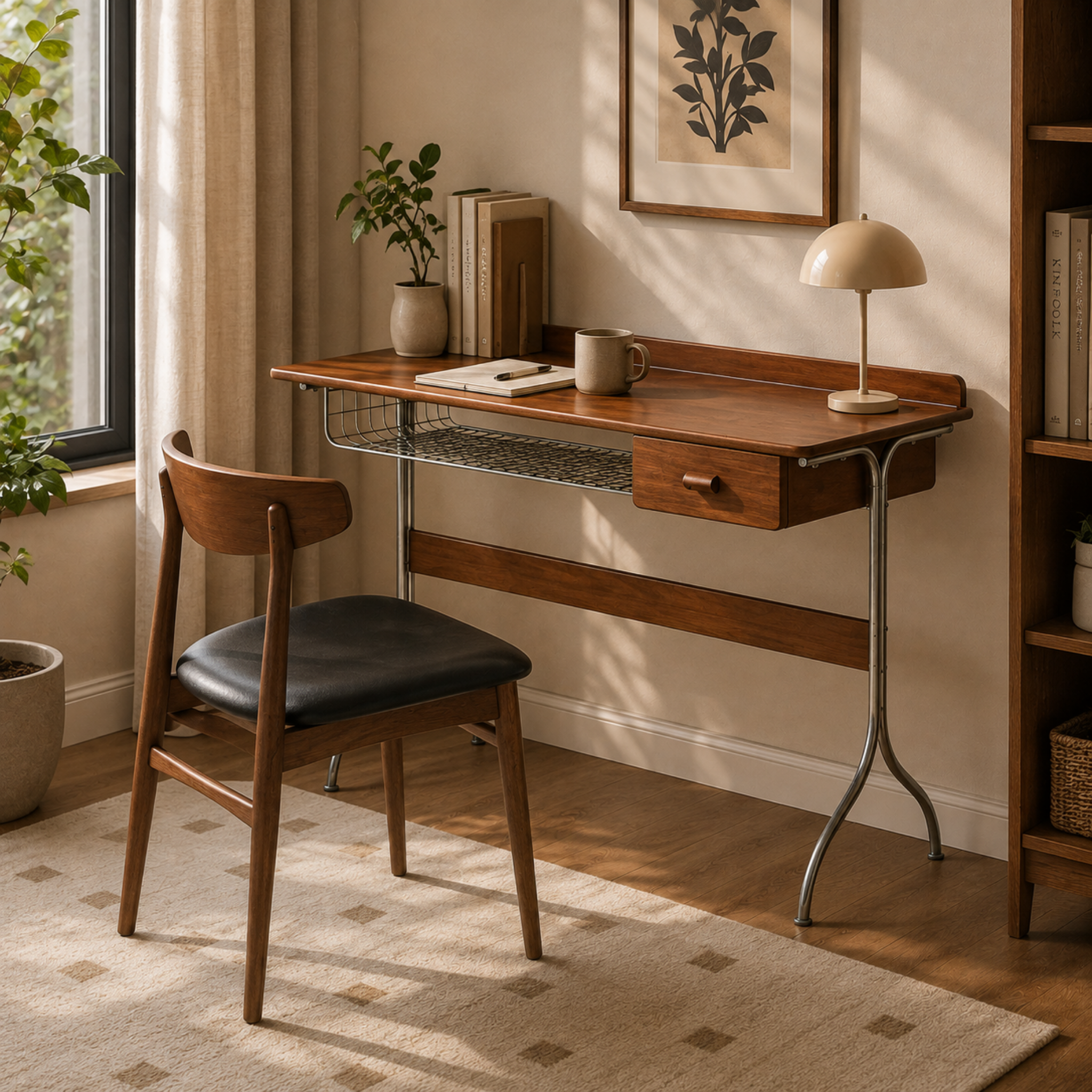 Vintage pine wood desk with stainless steel frame and drawer