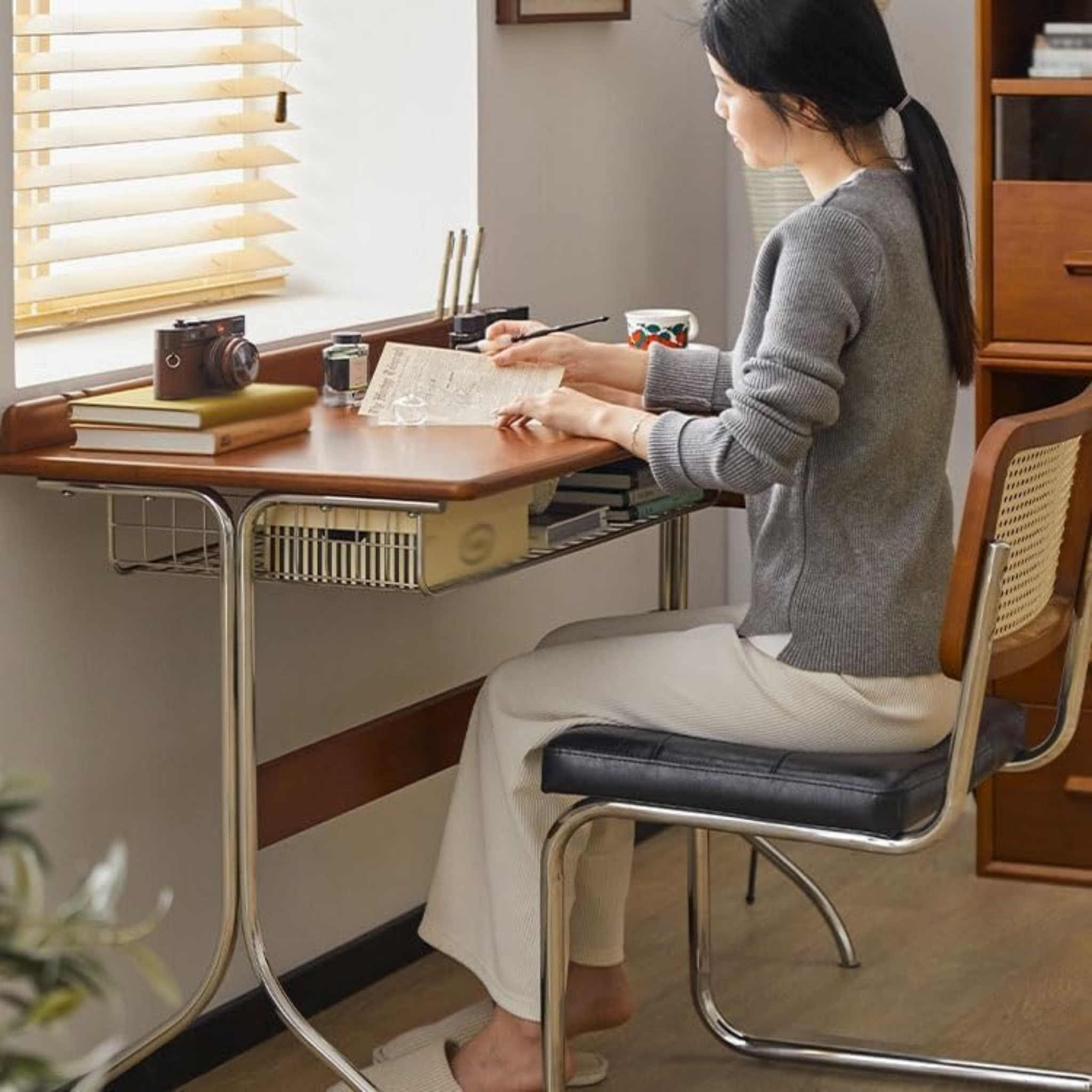 Vintage wooden desk with one drawer for home office