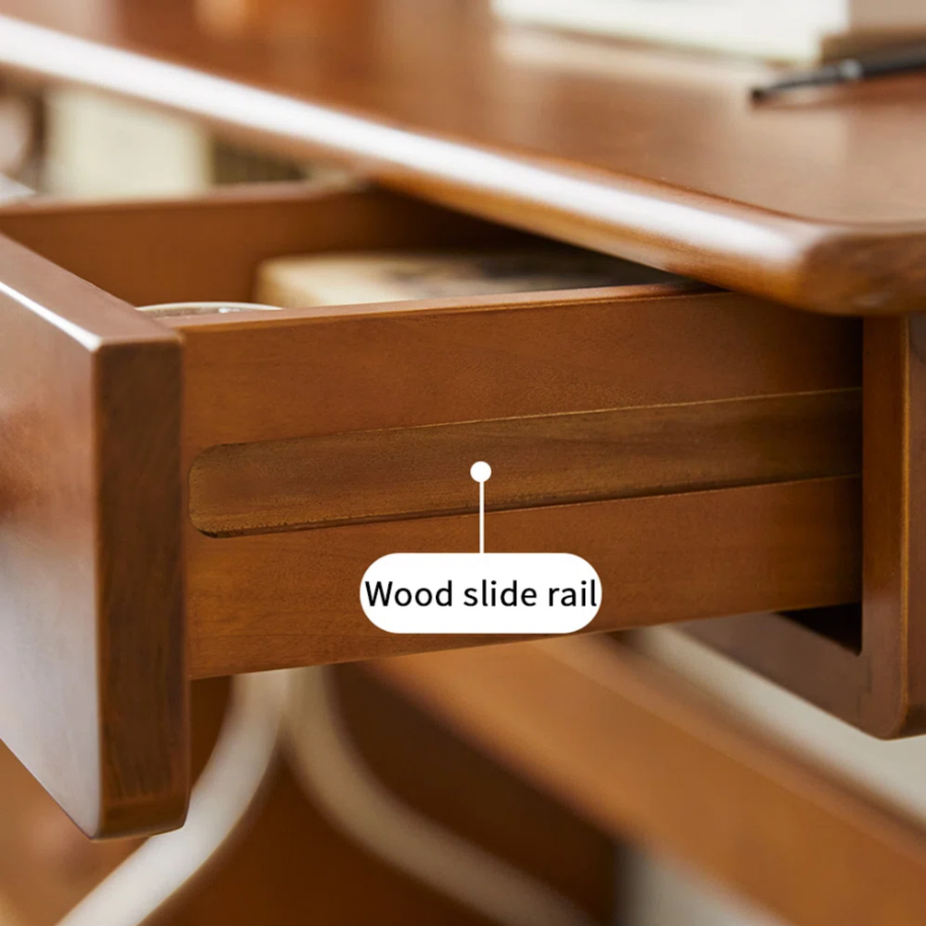 Details of the pine wood writing desk with stainless steel legs
