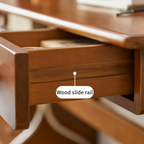 Details of the pine wood writing desk with stainless steel legs