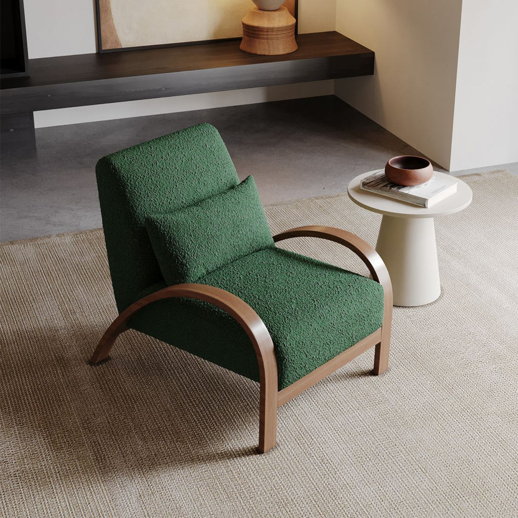 Green vintage Sherpa accent chair with solid wood armrests