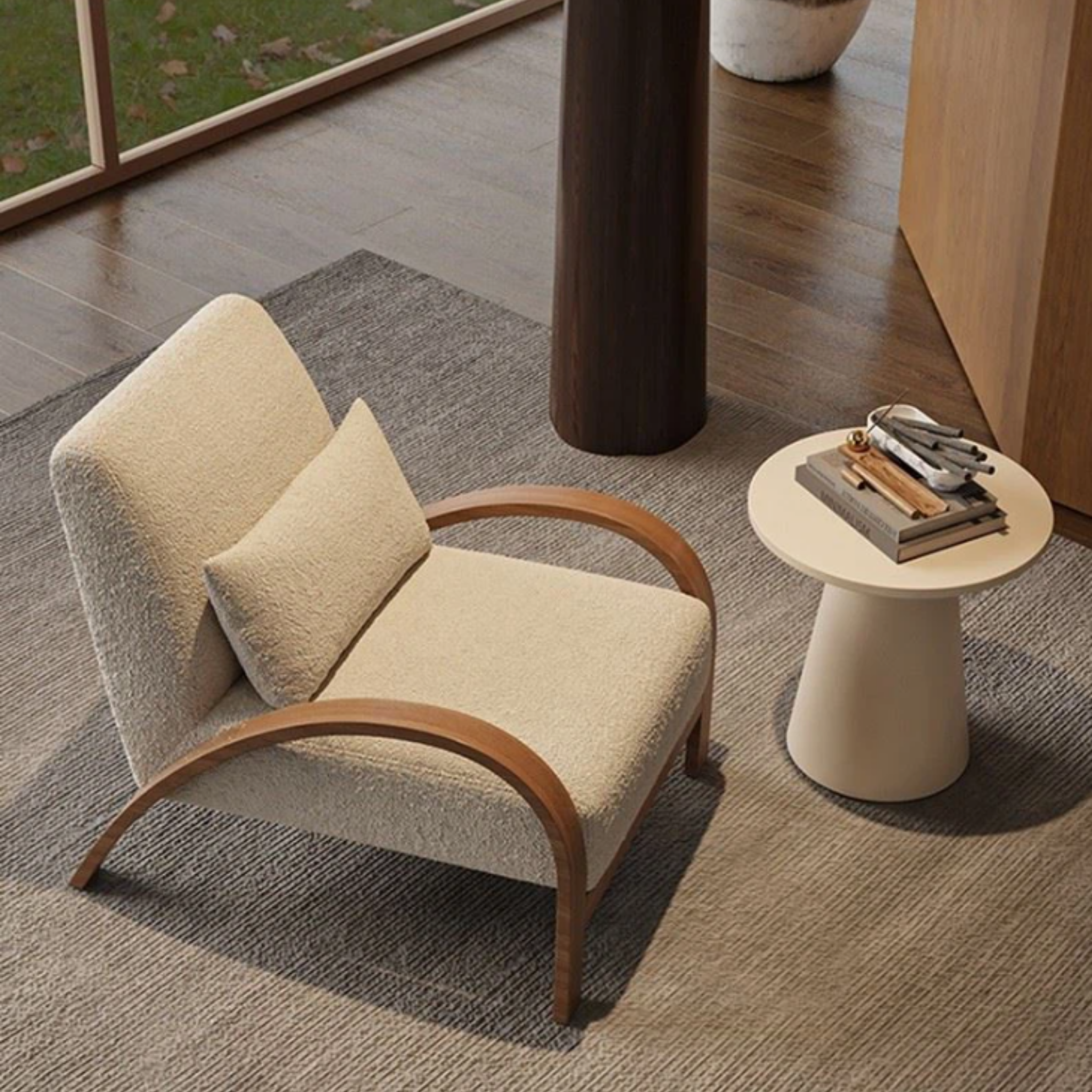 White vintage Sherpa accent chair with solid wood armrests